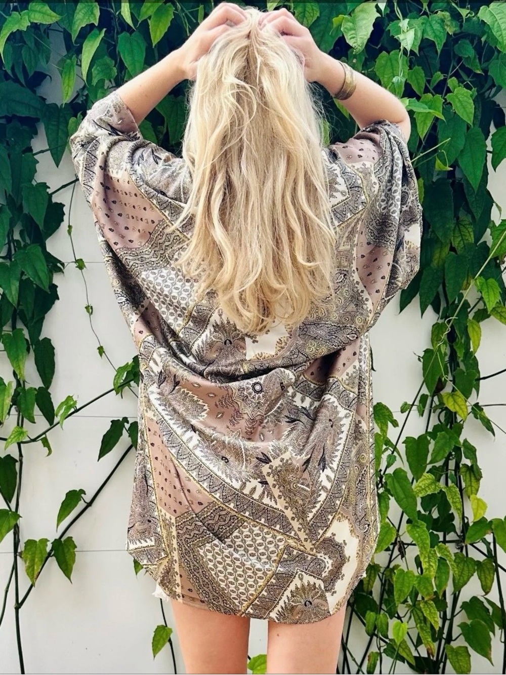 Paisley Print Kimono Cape Jacket in Beige Taupe